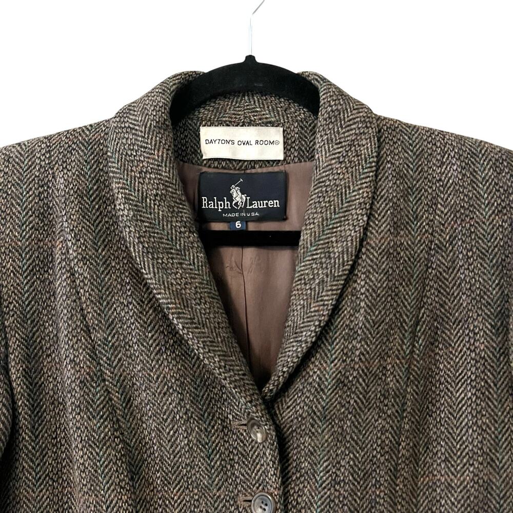 Vintage 90s Ralph Lauren Wool-Blend Herringbone Tweed Blazer Made in USA Size 6 - Picture 4 of 13